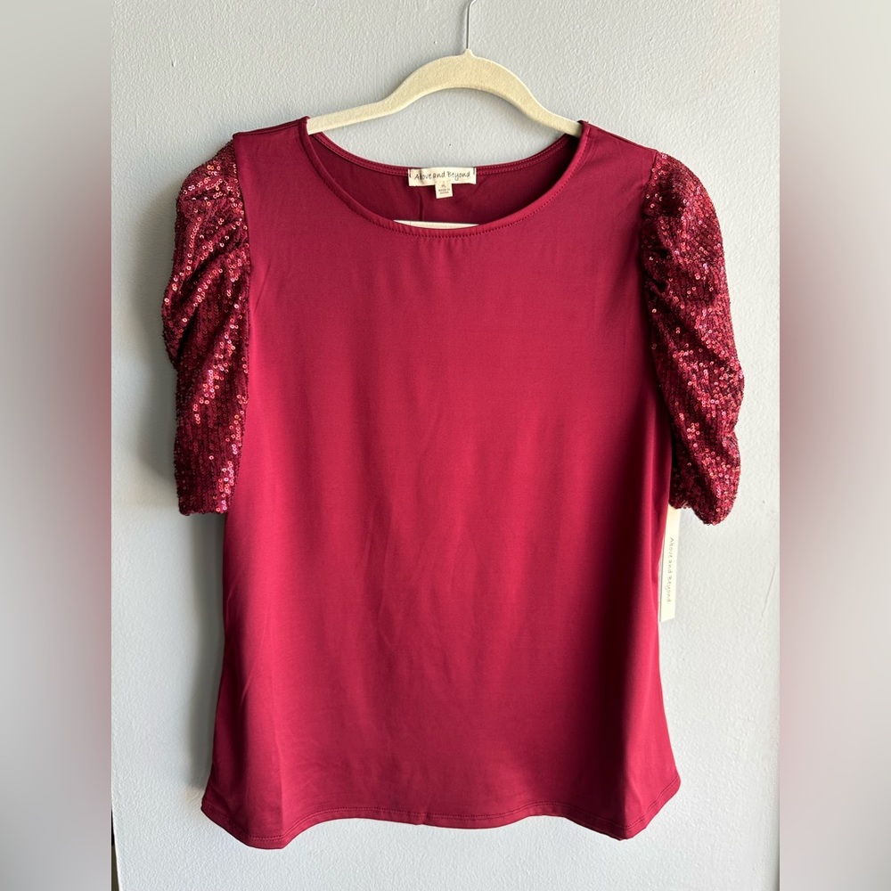 Above & Beyond Size PL nice event or date night top. Puffy pretty sequin sleeves